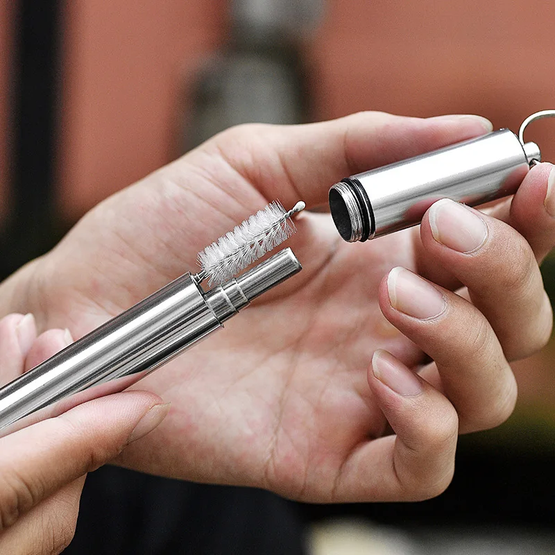 Straw Kitchen Tools Stainless Steel 304 Food Grade Outdoor Portable Reusable Folding Telescopic Straw With Cleaning Brush