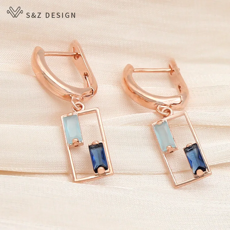 S&Z DESIGN New Unique Double Color Square Cubic Zirconia Dangle Earrings Jewelry Sets For Women 585 Rose Gold Pendant Necklace