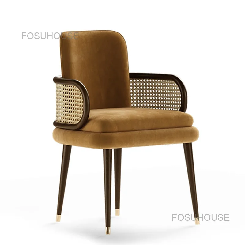 Nordic Solid Wood Armchair Rattan Living Room Chairs Home Furniture Designer Hotel Dining Chair Model Room Negotiation Chair