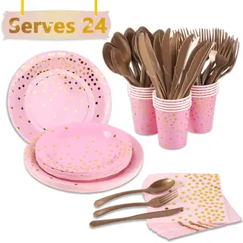 

HUIRAN Rose Gold Dot Bronzing Disposable Party Tableware Set Disposable Plastic plates Dishes Dinner Plate Sets Party Supplies