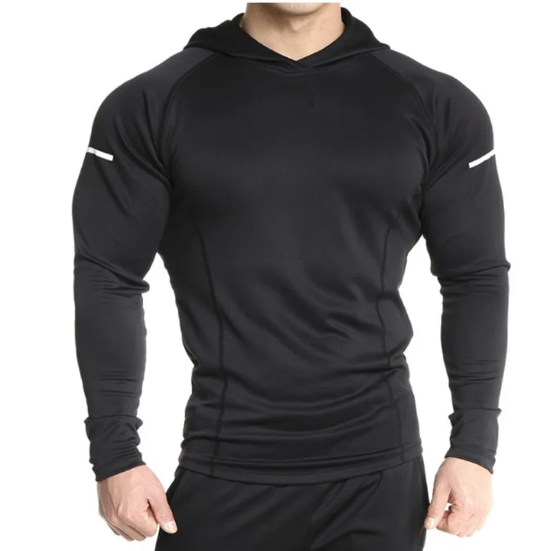 Men Long Sleeve Shirt Solid Shirt with Hoodie Hodybuilding Tshirts Men Jogger Workout Light Weight Hoodies - Цвет: Black with hoodie