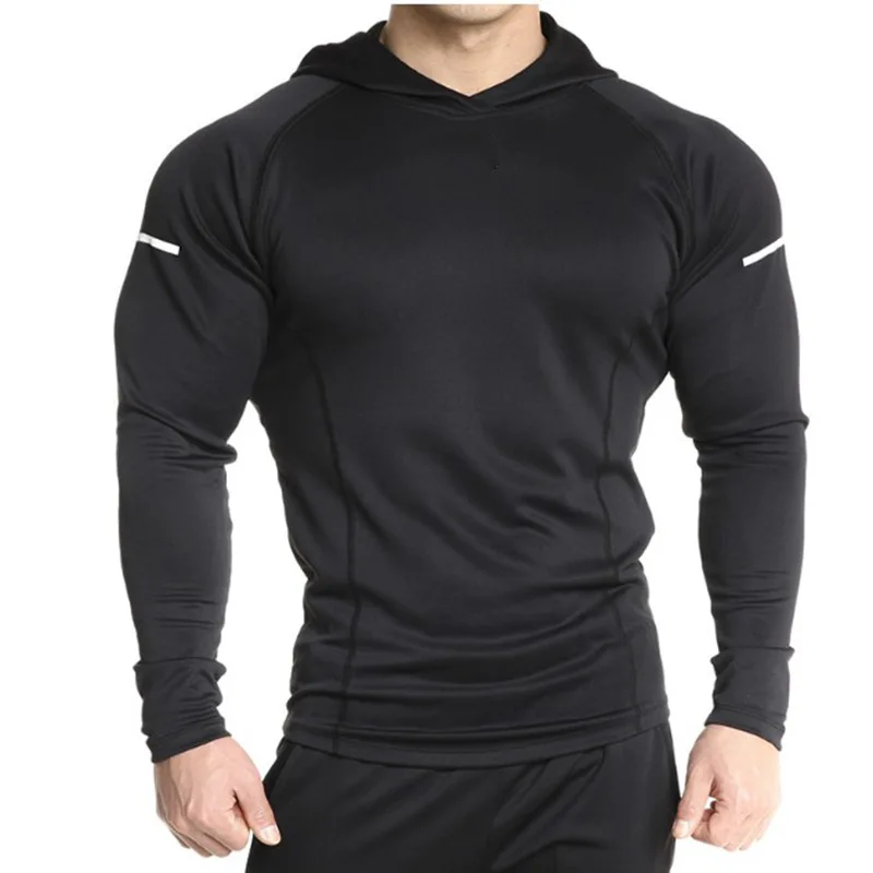 Black with hoodie Men Long Sleeve Shirt Solid Shirt with Hoodie Hodybuilding Tshirts Men Jogger Workout Light Weight Hoodies - Цвет: Black with hoodie