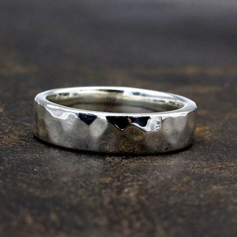 Thick Sterling Silver Hammered Ring for Men - Wedding Band For Him