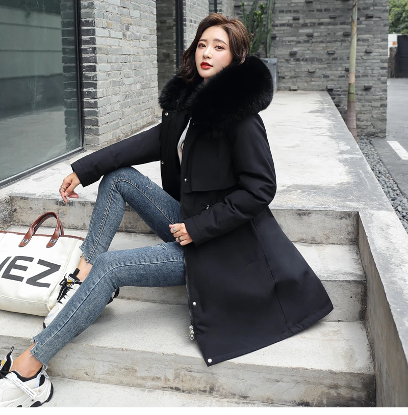 Fashion Solid Cotton Liner Parker Autumn Winter Jacket Women Drawstring Slim Medium Long Down Parka Hooded Fur Coat Female