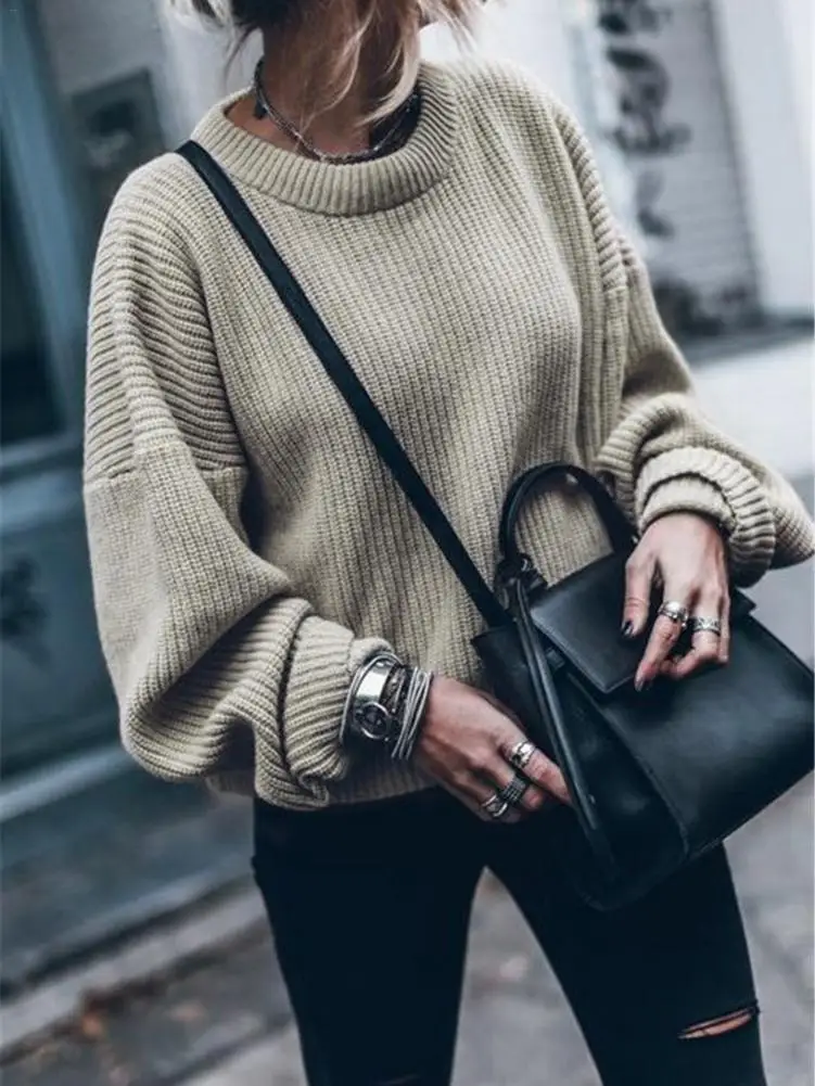 Women Lantern Sleeve Solid Color Sweater Loose Pullover Solid Color Sweater Casual Street Wear Full Sleeve V Neck Clothing 2