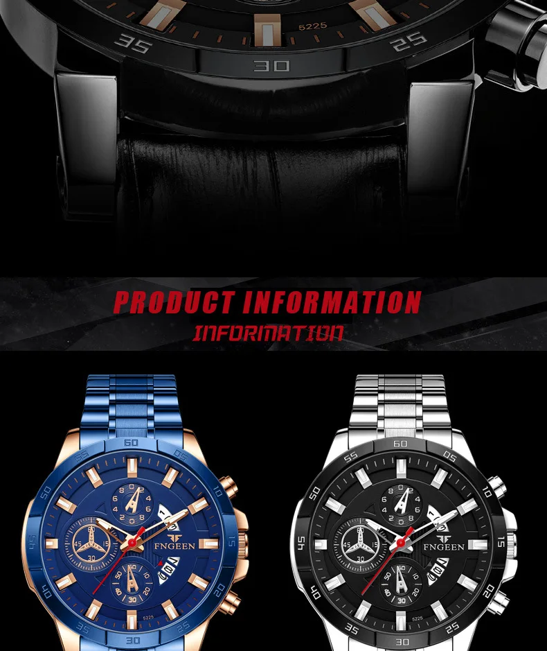 FNGEEN New Fashion Mens Watches Blue Stainless Steel Top Brand Luxury Sports Waterproof Quartz Watch Men Relogio Masculino