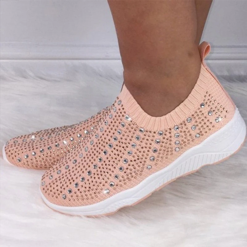 

2020 New Design Big Size 43 Women Flats Mesh Round Toe Low Heel Crystal Spring/Autumn Casual Women Slip On Shoes