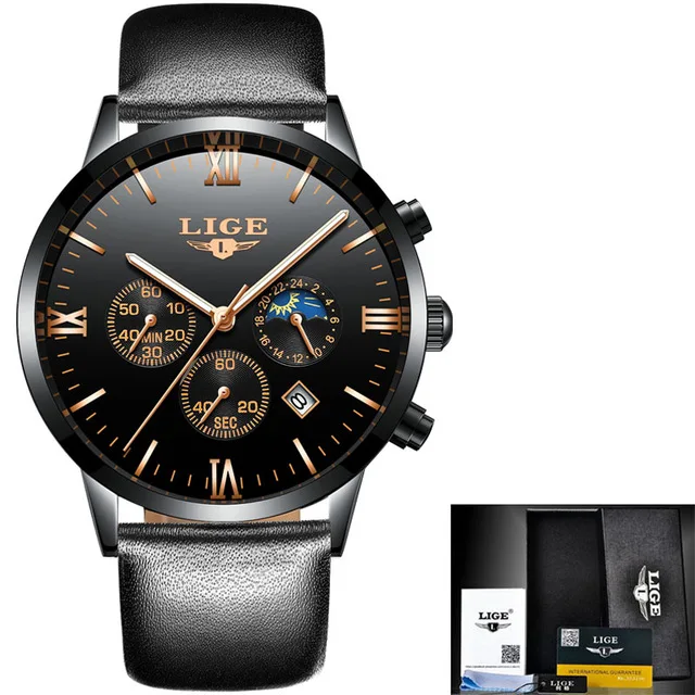 all black Relogio Masculino LIGE новые синие повседневные сетчатые пояса модные кварцевые с датой часы мужские часы лучший бренд Роскошные водонепроницаемые часы - Цвет: all black