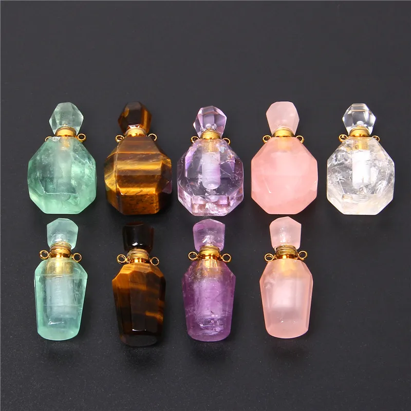 

1pc Natural rouse quartz Amethysts green fluorite tiger eye stone Oil Diffuser perfume bottle pendants Oil Diffuser pendant gift