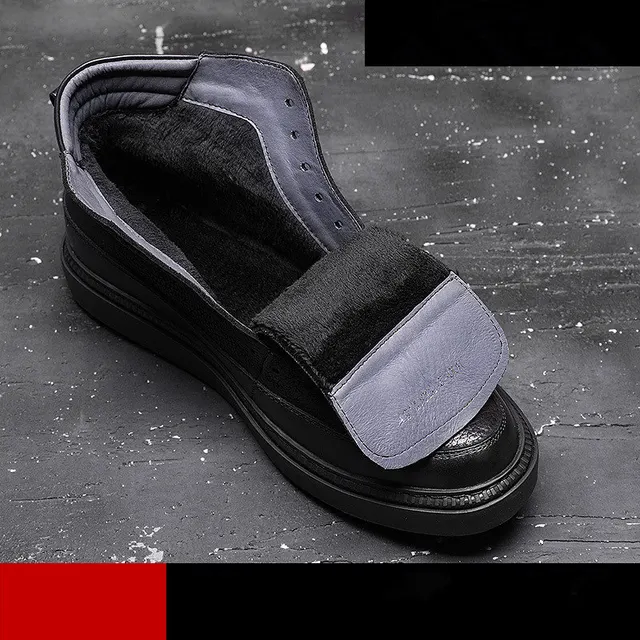 Men Genuine Leather Winter Boots Lace Up Black Ridding Boots Boys Students Casual Ankle Boots Fashion Sneakers Shoes Black Fur