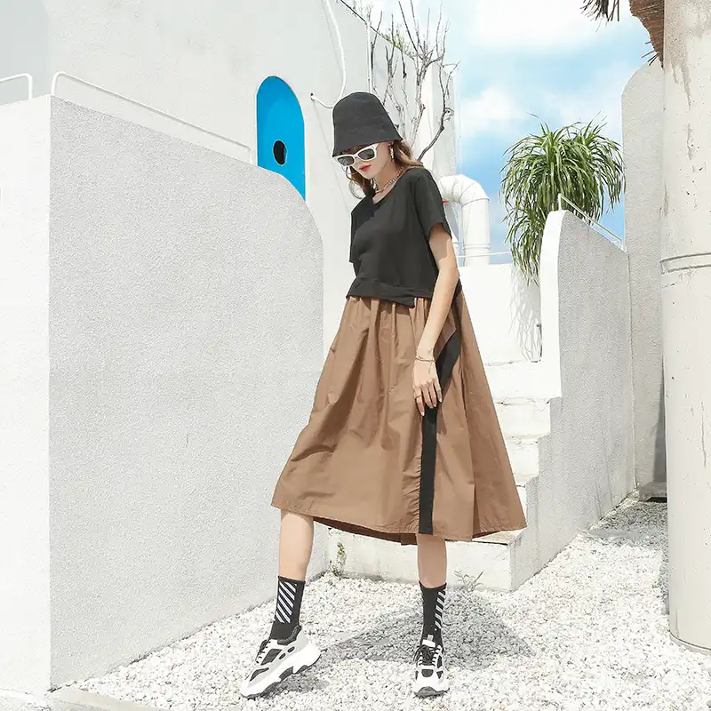 プラスサイズの女性の夏ドレスファッション新エレガントな パッチワークプリーツエレガントな少数民族カジュアルルース A ラインドレス ドレス Aliexpress