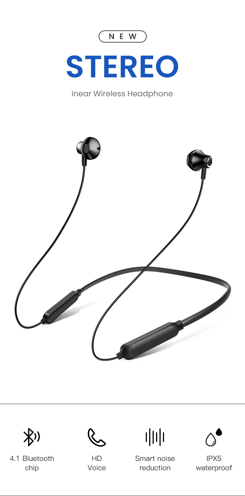 Amzish Bluetooth Беспроводные наушники с шейным ремешком спортивные наушники водонепроницаемые наушники гарнитура HiFi наушники с микрофоном для всех телефонов