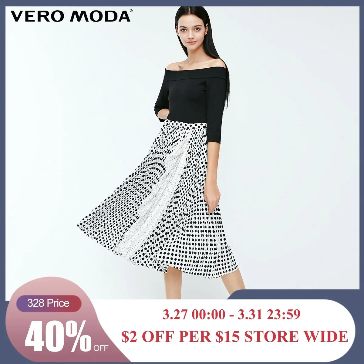 

Vero Moda Women's Printed Boat Neck 3/4 Sleeves Polka Dot Print Pleated Dress | 31837C535