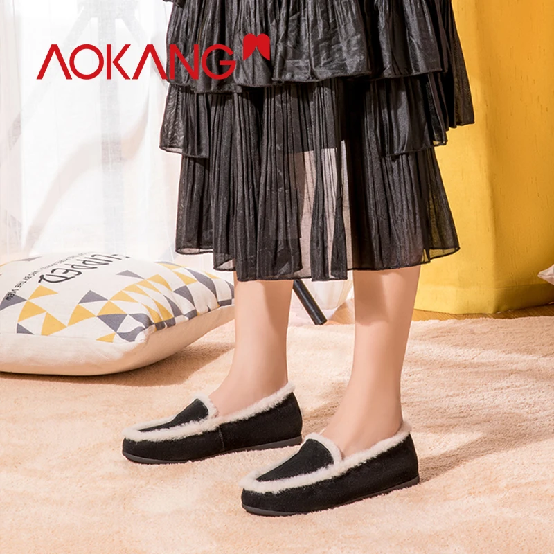 AOKANG/ г.; женские зимние туфли на плоской подошве с бантом; теплые женские лоферы без застежки; мягкая обувь из натуральной кожи; короткая плюшевая обувь для женщин