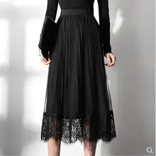 Осенне-весенняя женская однотонная кружевная Лоскутная юбка, женская черная плиссированная повседневная юбка с высокой талией TB3804