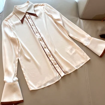

Women fashion 100% silk Shirt Blouse long sleeve boho top Lady Plain Casual Buttons Beach style femme