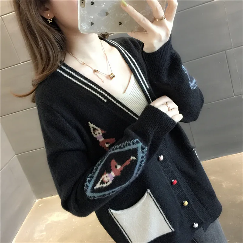 

2019 Autumn Winter V-Neck cardigan Sweater Women Korean Sweet loose Knitted Sweater Harajuku Cardigan Students Wild Jacket black