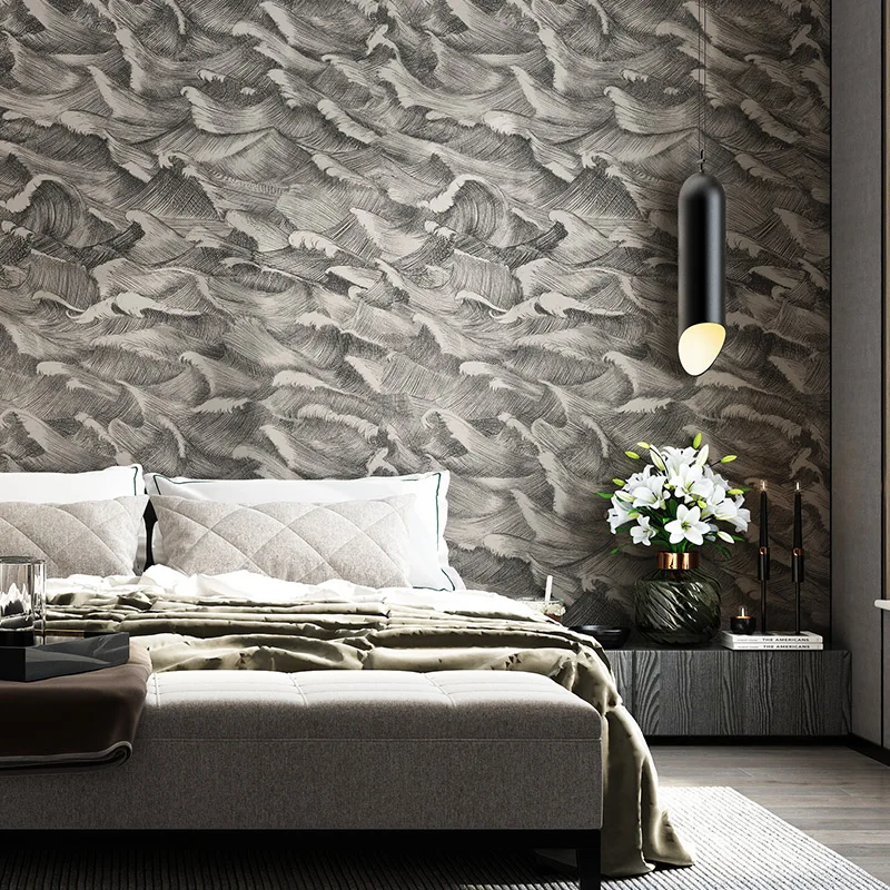 Модные черно белые серые эскизы обои с волновым узором художественный дизайн