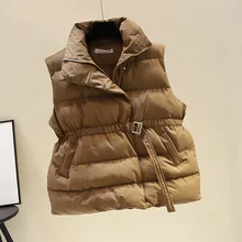 

2022new Winter Women Slim Ultra Light White Duck Down Short Vest with Belt Casual Female Warm Sleeveless Down Coat Waistcoat