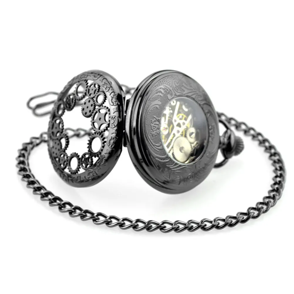 Mechanical Sculptured Fashion Pocket Watch Vintage Roman Numerals Necklace Gear Shape Retro Gift With Chain Fob Flip Open
