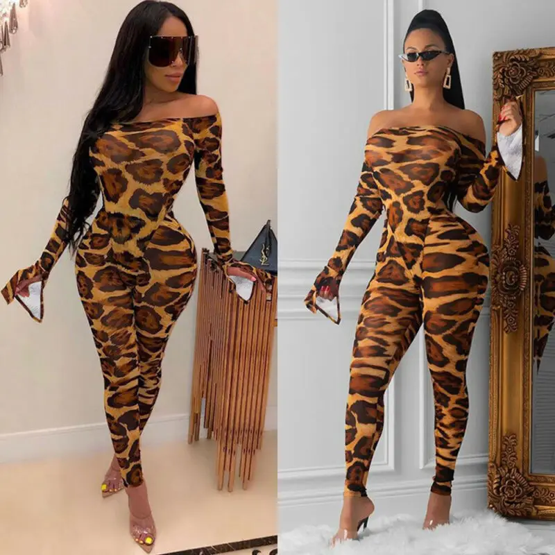 Сексуальный женский комбинезон с леопардовым принтом и открытыми плечами