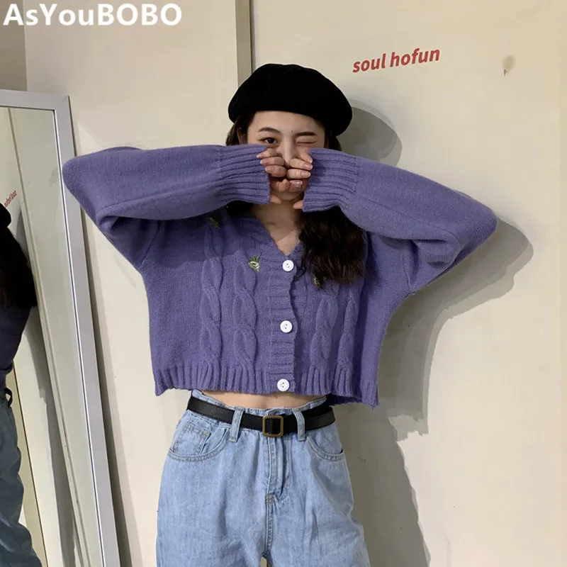 

Harajuku vintage ins hot kawaii cute lolita korean style purple black embroidery buttons crop top short sweaters women YQ-1067