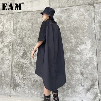 

[EAM] Women Back Long Button Split Big Size Dress New Round Neck Short Sleeve Loose Fit Fashion Tide Spring Summer 2020 1T786