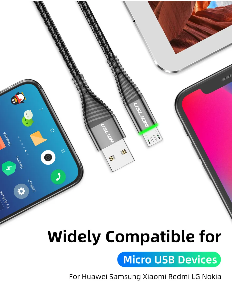 USLION 3A Micro USB кабель 0,5 м/1 м/2 м Синхронизация данных провод для быстрого заряда для samsung huawei Xiaomi Note Tablet Android USB телефонные кабели