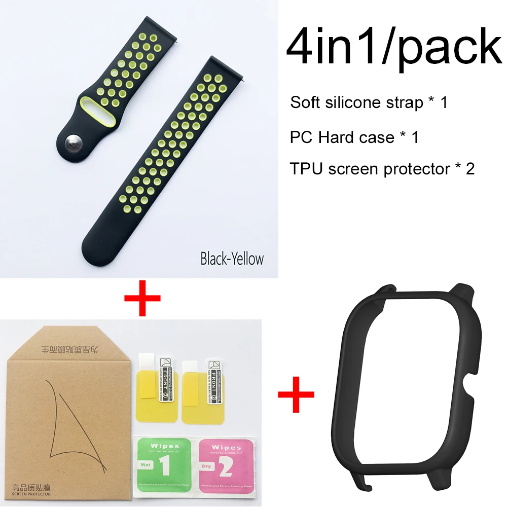Black yellow-black 4в1 для Xiaomi Huami Amazfit GTS спортивный силиконовый ремешок для часов Ремешок Браслет с PC чехол Защита экрана - Color: Black yellow-black