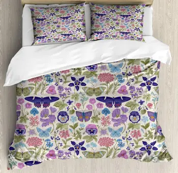 

Floral Duvet Cover Set Vintage Butterfly Meadow Flowers Pansy Flower on Muted Tone Backdrop Decorative 3 Piece Bedding Set