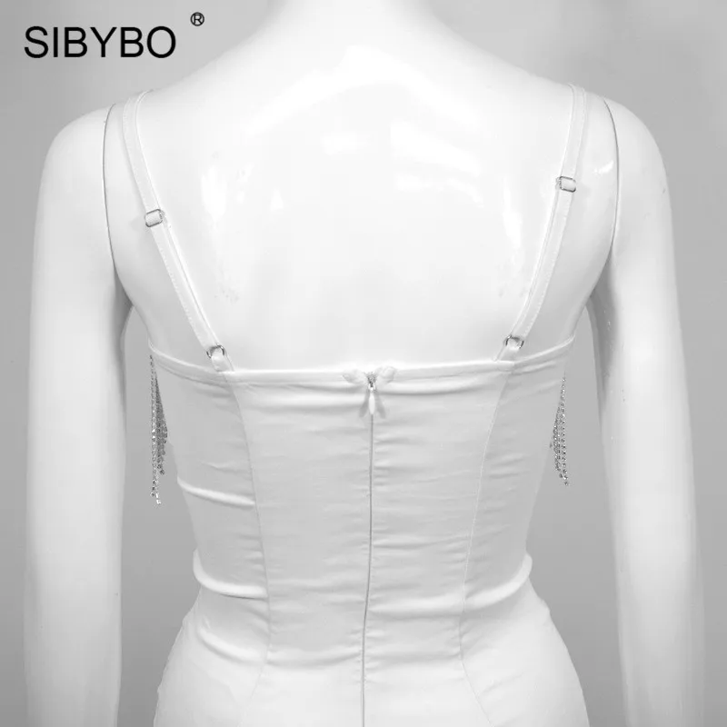 Сексуальное женское платье с открытой спиной и кисточками, SIBYBO бриллиантами, тонкими бретельками и v-образным вырезом, облегающее мини-платье с открытой спиной, Клубные вечерние платья