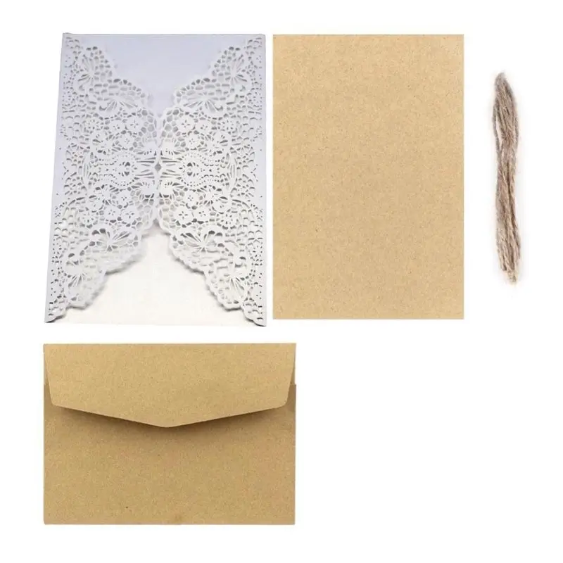  10pcs/set Hollow Lace Wedding Party Invitation Cards With Kraft Paper Inner Sheet Envelopes Hemp Ro - 4.00027E+12