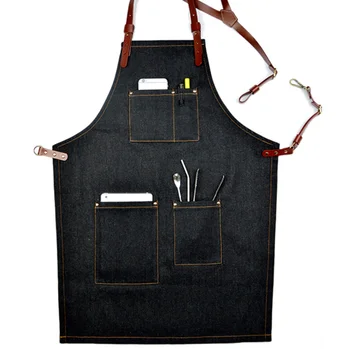

Genuine Leather Belt Simple Kitchen Denim Aprons Brand Waiter Aprons With Pockets Restaurant Home Cooking Tool Art Work Aprons