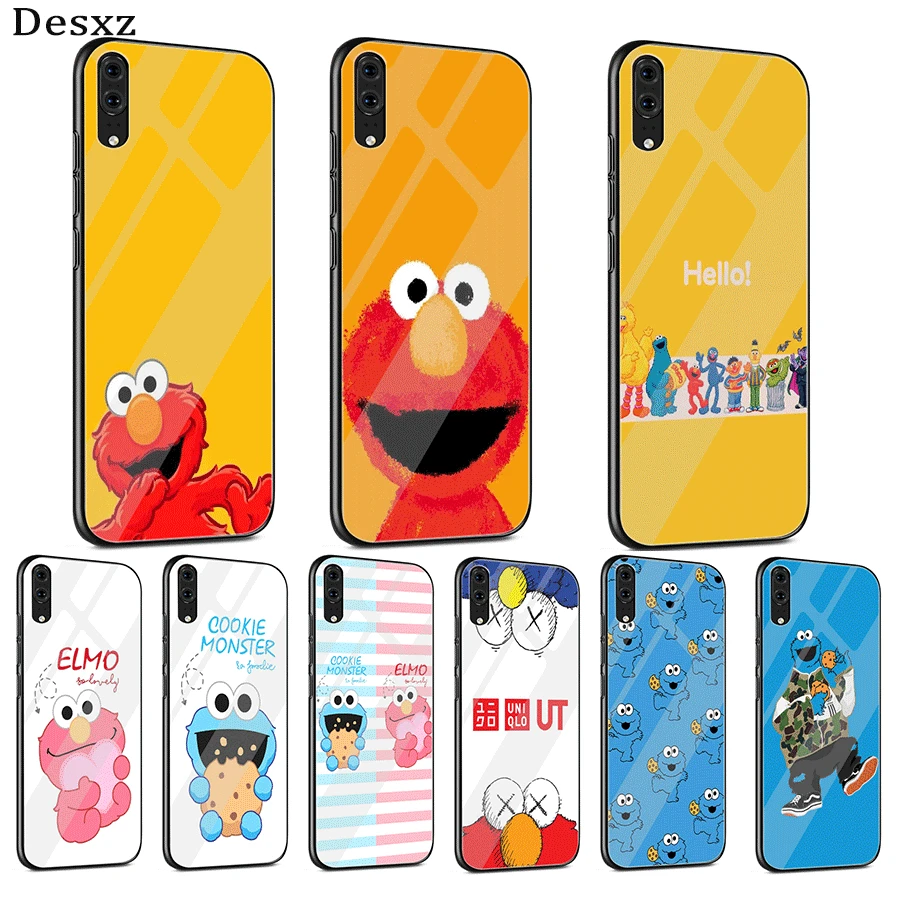 

TPU Glass Phone Case For Huawei Mate Honor 8X 9 10 7A 20 P30 P20 P10 Lite Pro P Smart Cover Cartoon Cookies Monsters Elmo
