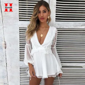 

Sexy Hollow Out Playsuit Women Deep V-neck Lace Patchwork Short Jumpsuit Lady Summer Backless Long Sleeve One Piece Short Romper
