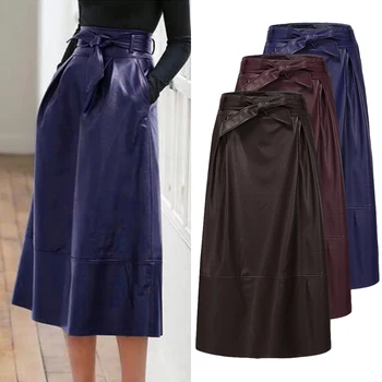 

Plus Size Robe Women Faux Leather Skirts Elegant Spring Belted Vestidos ZANZEA High Waist Skirts Female Casual Faldas Saia 5XL