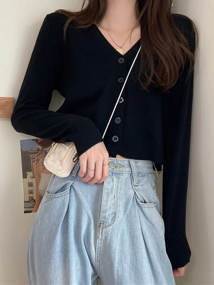 Unif Cardigan 2021 New V-neck Slim Fit Short Long Sleeve Knitted Women's Black Top Lazy Sweater Jum |