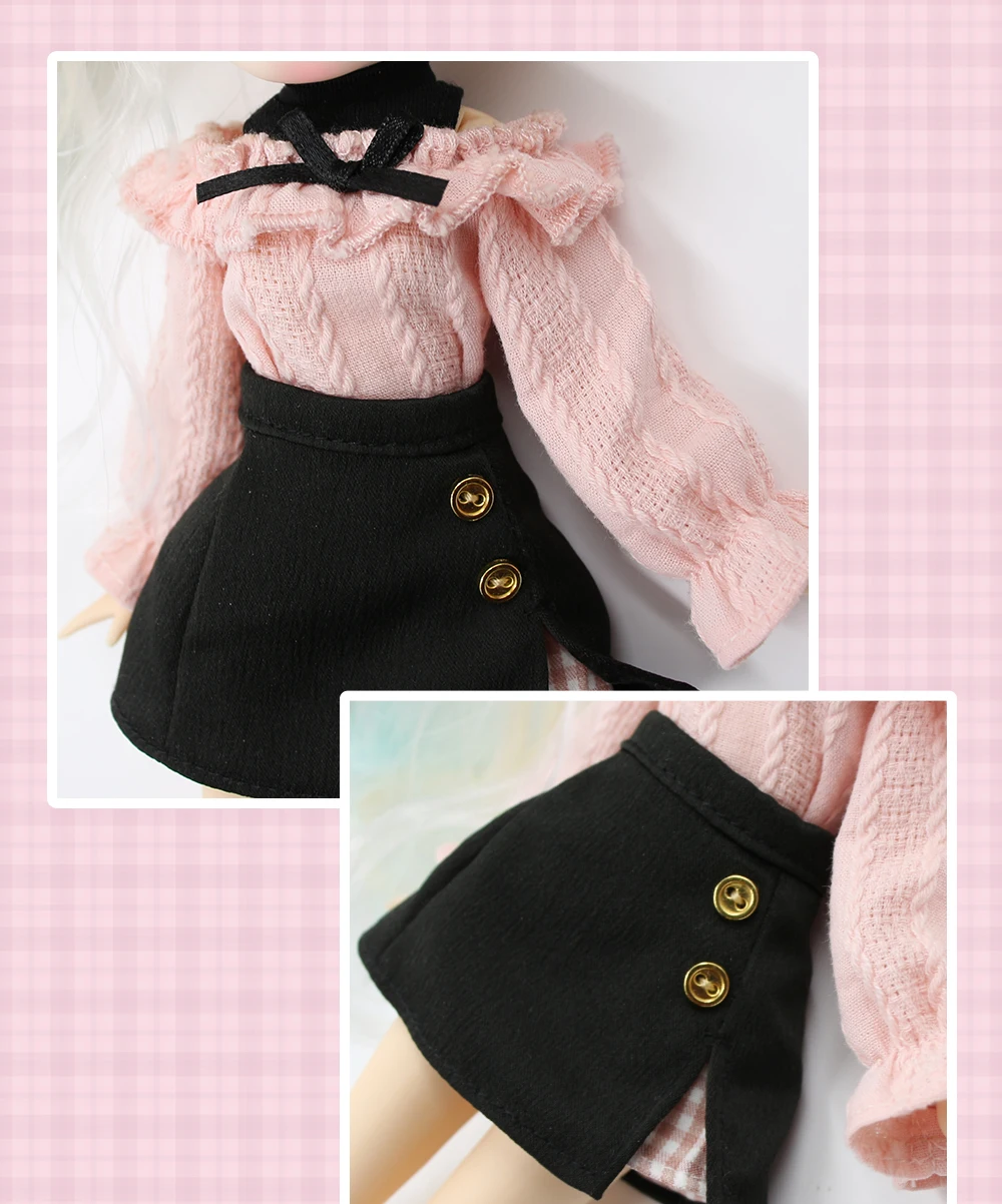 Neo Blythe Doll Pink Black Shirt with Skirt, Socks & Headdress 2