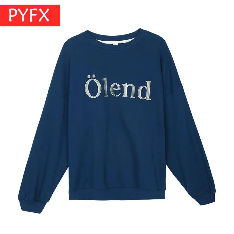 

Alphabet Embroidered Long Sleeve Blue Fashion Simple Women's Hoodies Fall 2019 Korean Loose Casual Round collar Sweatshirt