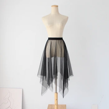 

High waist single-layer mesh skirt women's medium length irregular perspective dress with transparent mesh skirt