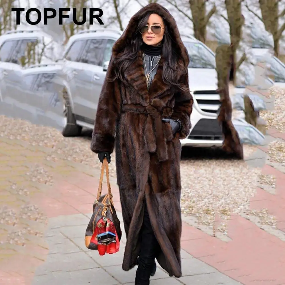

TOPFUR New Real Mink Fur Coats Women X-Long 120 CM Length Fur Overcoat With Belt High Street Fashion Fur Jackets To Ankle