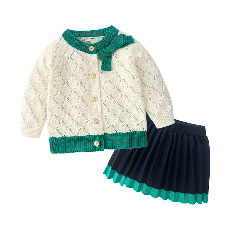 

new Fashion kids girl clothes Knitted cotton long sleeve Sweater cardigan Jackets and folded skirts toddler baby girl clothing