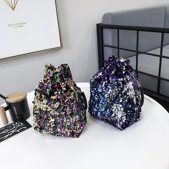 

1PC Mini Sequined Drawstring Bucket Bag Women Girl Chain Crossbody Messenger Shoulder Bag Pumping Bucket Bag Dropship New Arriva