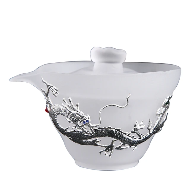 Üveg Tea Tureen 170 Ml Fehér Jade Porcelán Tál Fedéllel Ezüst Gaiwan Kínai Kung Fu Teáruház Kézfogás Ital - Image 6