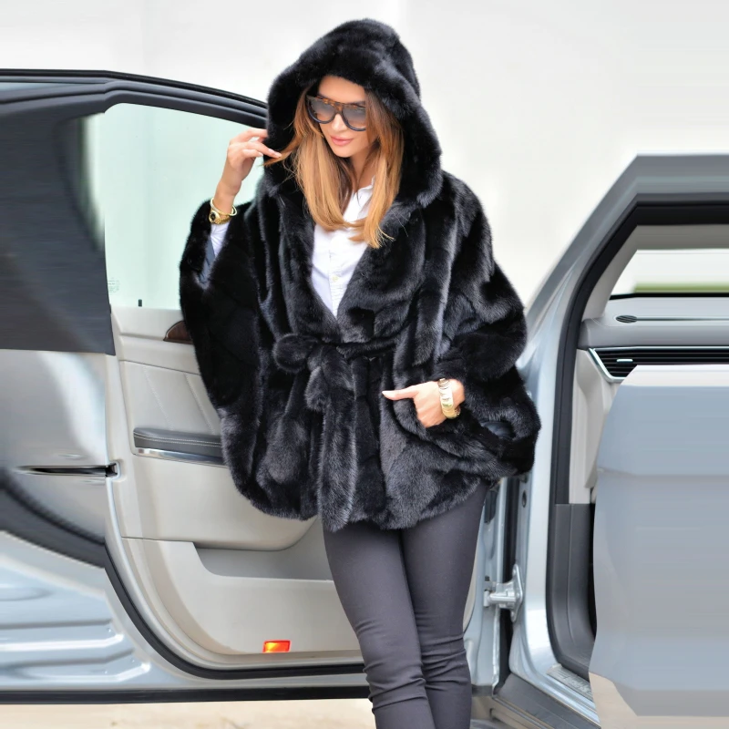 BFFUR, модная зимняя норковая Меховая куртка с капюшоном, натуральная женская шуба из натурального меха норки, пальто с рукавами летучая мышь с меховым поясом - Цвет: MC087