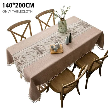 

Home Decor Table Cloth Breathable Classical Embroidery Tassel Rectangle Protector For Kitchen Party Dining Room Cotton Linen