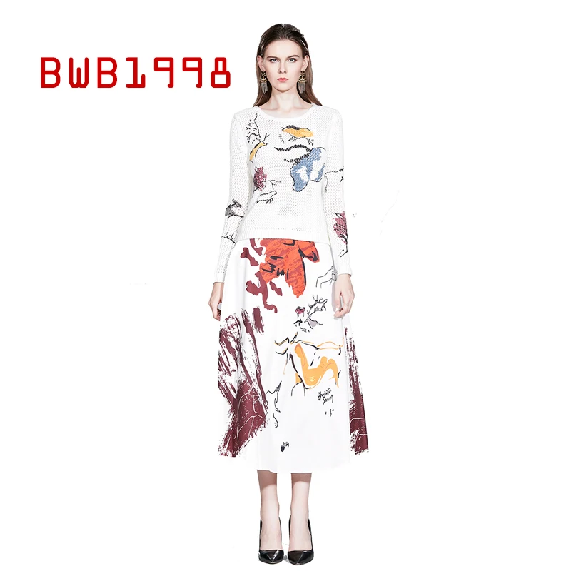 

BWB1998 Autumn Sweater Hollow Graffiti Sweater+high Waist All-match Printed Long Skirt Body Suits for Women Two Piece Set Women