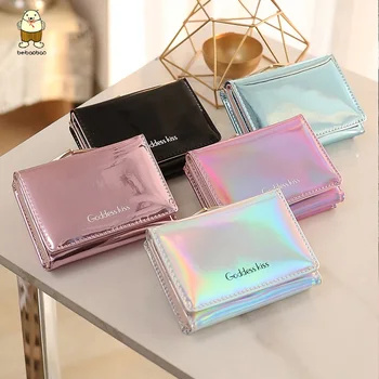 

Beibaobao Women Laser Holographic Wallet Short Cute Coin Purse Small Wallet Women Folding Wallet Card Holder Portefeuille Femme