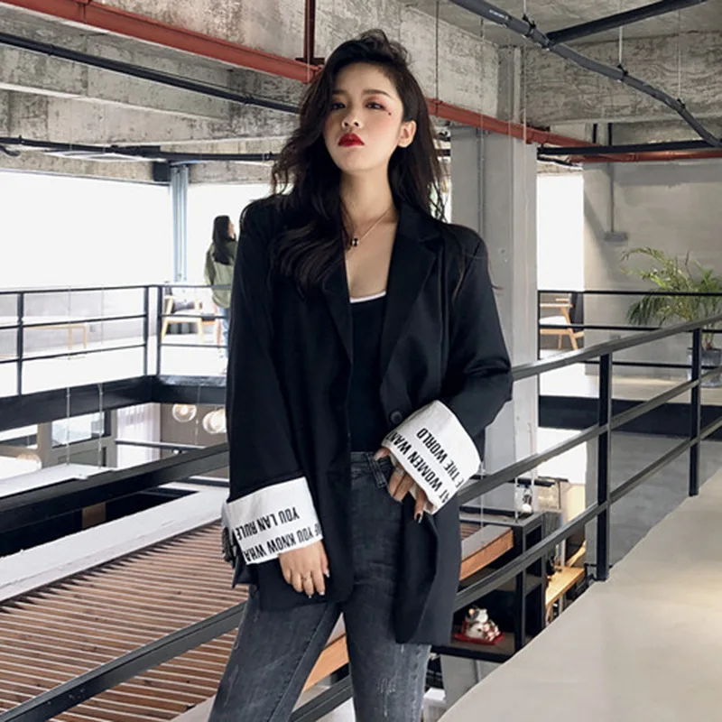 Cool Lettered Mixed Colors Long Sleeve Fashion Suit Women's Autumn New Style Students Loose-Fit Coat Mid-length Casual Tops Fash