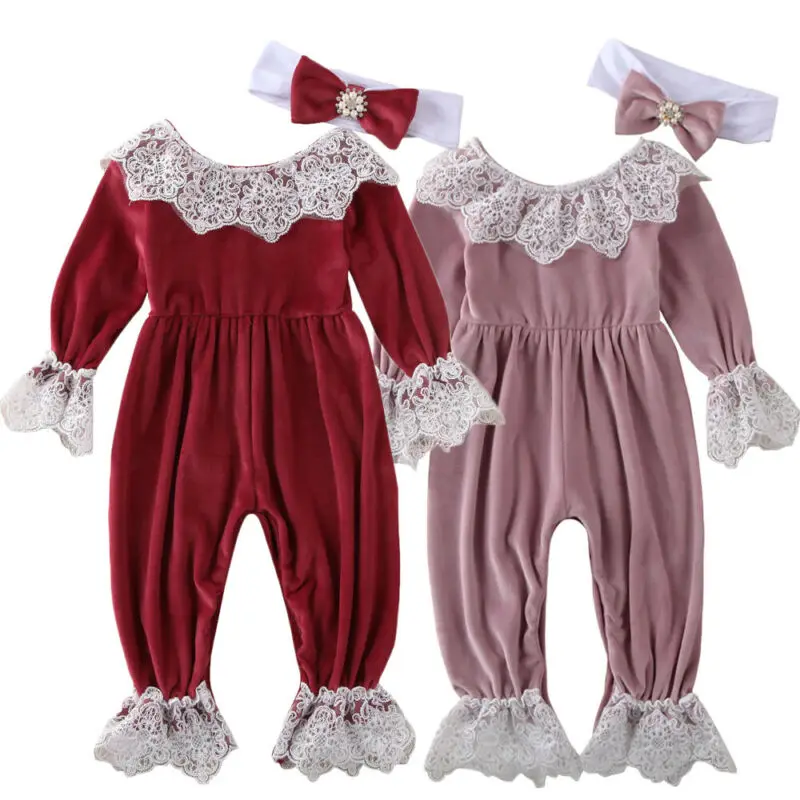 

0-24M Infant Kids Baby Girls Boys Rompers Velvet Lace Long Sleeve Jumpsuits Clothes Headband 2pcs